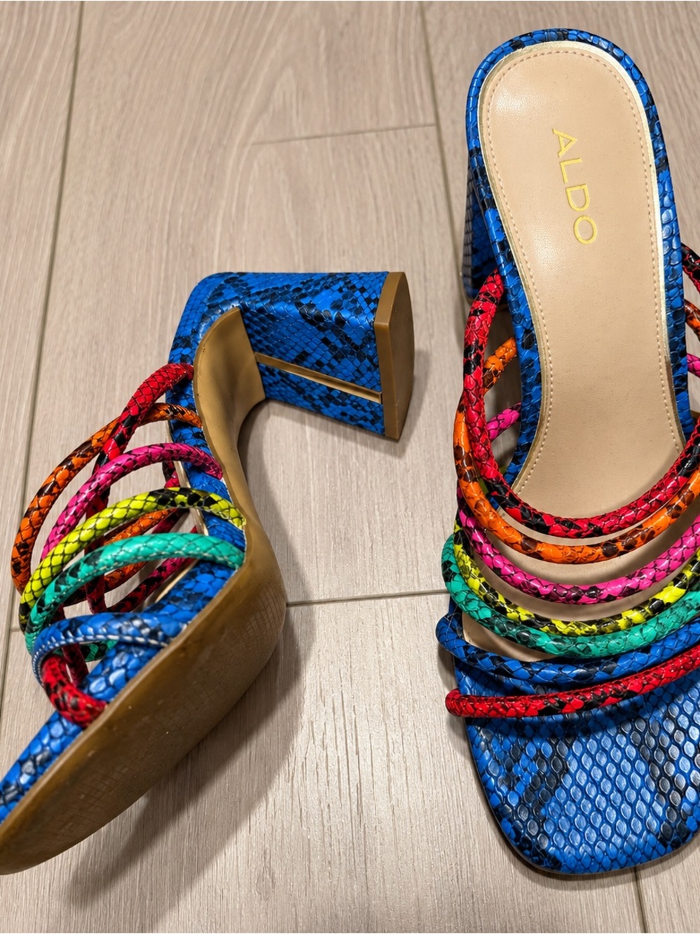 Aldo Blue Snake-Print Block Heel Sandals with Multicolor Braided Straps